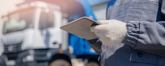 Truck driver in front of his truck holding freight documents