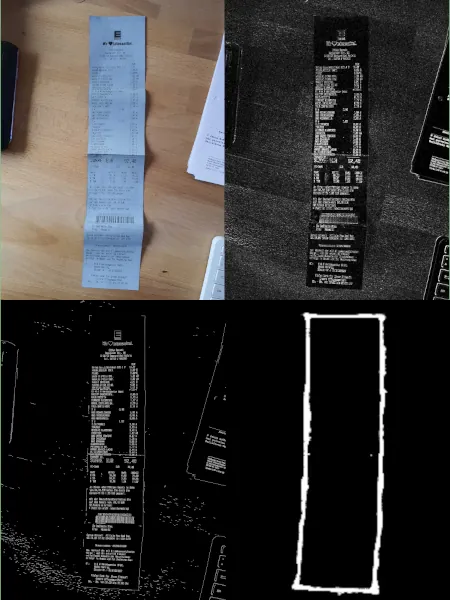 Edge Detection Algorithms Comparison (top left input image, top right Sobel edge detection, bottom left Canny edge detection, bottom right TensorFlow edge detection)