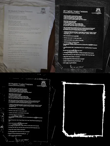 Edge Detection Algorithms Comparison (top left input image, top right Sobel edge detection, bottom left Canny edge detection, bottom right TensorFlow edge detection)